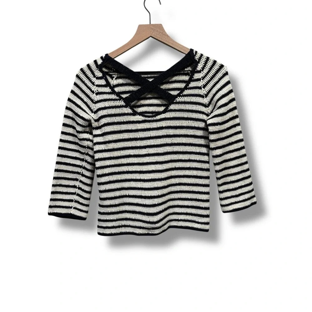Anthropologie Lauren Moffatt XS Navy White Stripe Knit Sweater Cross Back Breton